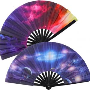 Custom Printed 33cm Large Folding Loud Clack Bamboo Wooden Hand Held Fan for Rave Festivals Accessories